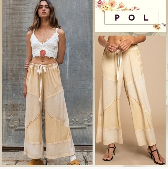 POL Pants - POL Wide Leg Pull-on Wide Leg Pants Drawstring Waist  Raw Seams Coastal Boho M/L